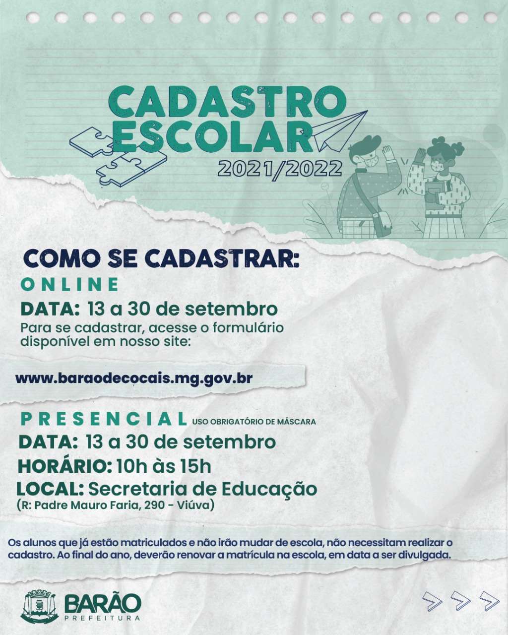Prefeitura Municipal De Barão De Cocais Cadastro Escolar 20212022 Para O Ensino Fundamental E Eja 1053